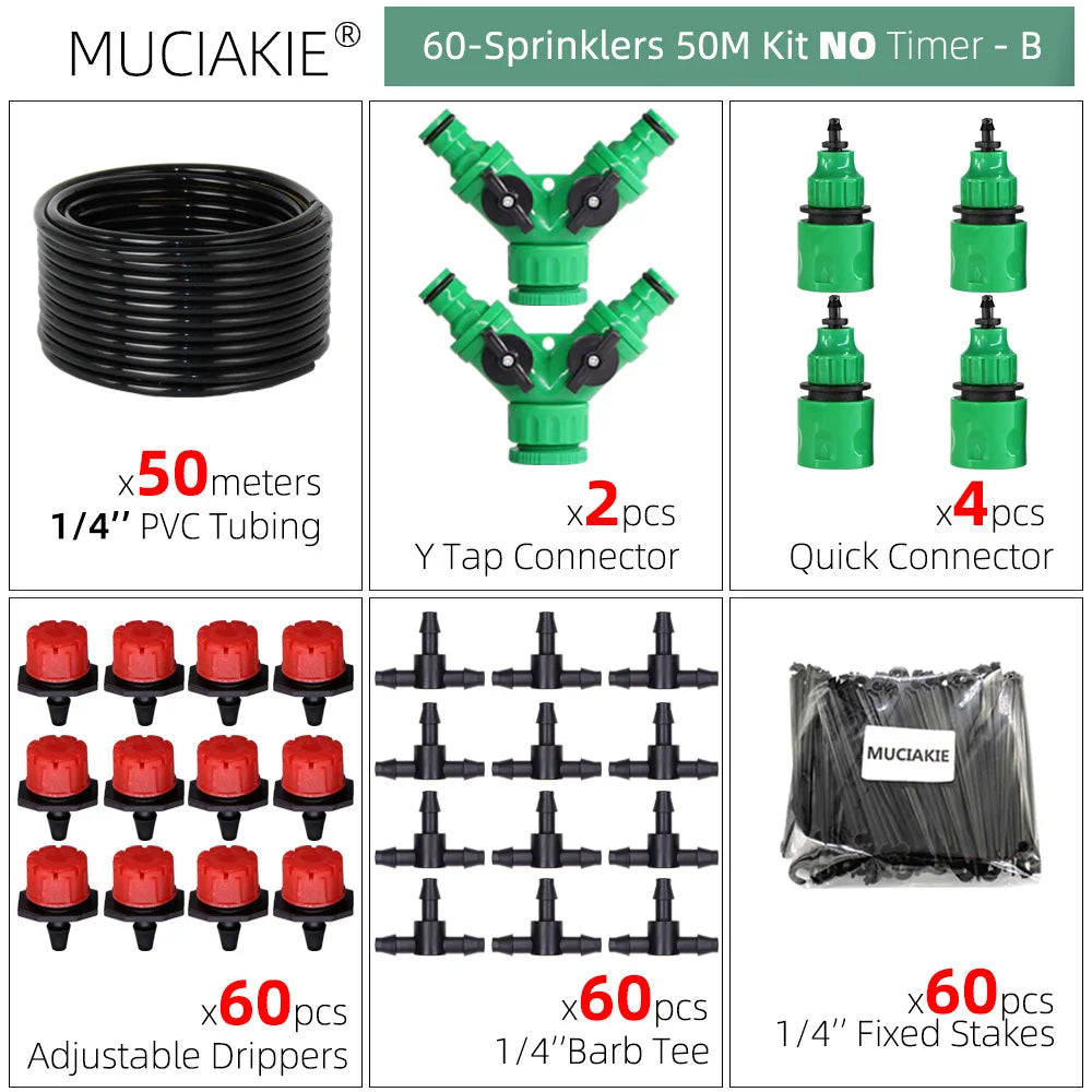 50 Meters Plant Timer Garden Watering System Irrigation 4/7mm Drip Kits Automatic Spray for Plants Adjustable Nozzles