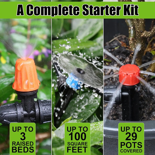 100FT/30.5M Drip Irrigation Kit Locked-Connect Automatic Micro Watering System with Tubing Hose and Misting Nozzle for Garden