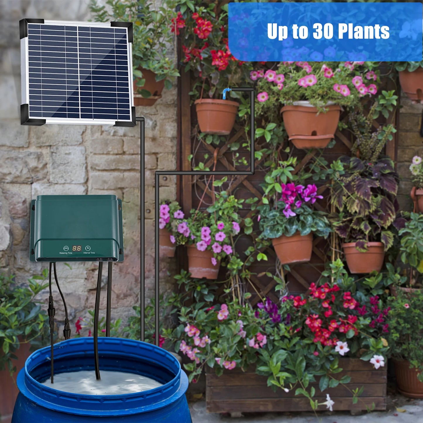 Solar Automatic Drip Irrigation Kit 30 Watering Modes 7 Timing Modes 32.8FT Automatic Watering Irrigation System for 50 Plants