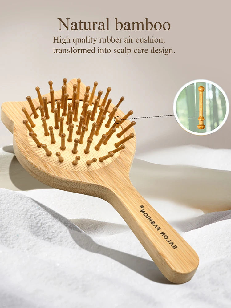Bamboo Hair Brush - Natural Wooden Anti-Static Comb & Scalp Massager, Air Cushion Design for Detangling (Women/Men)