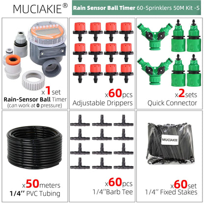 MUCIAKIE 50M-5M DIY Drip Irrigation System Automatic Watering Garden Hose Micro Drip Watering Kits with Adjustable Drippers