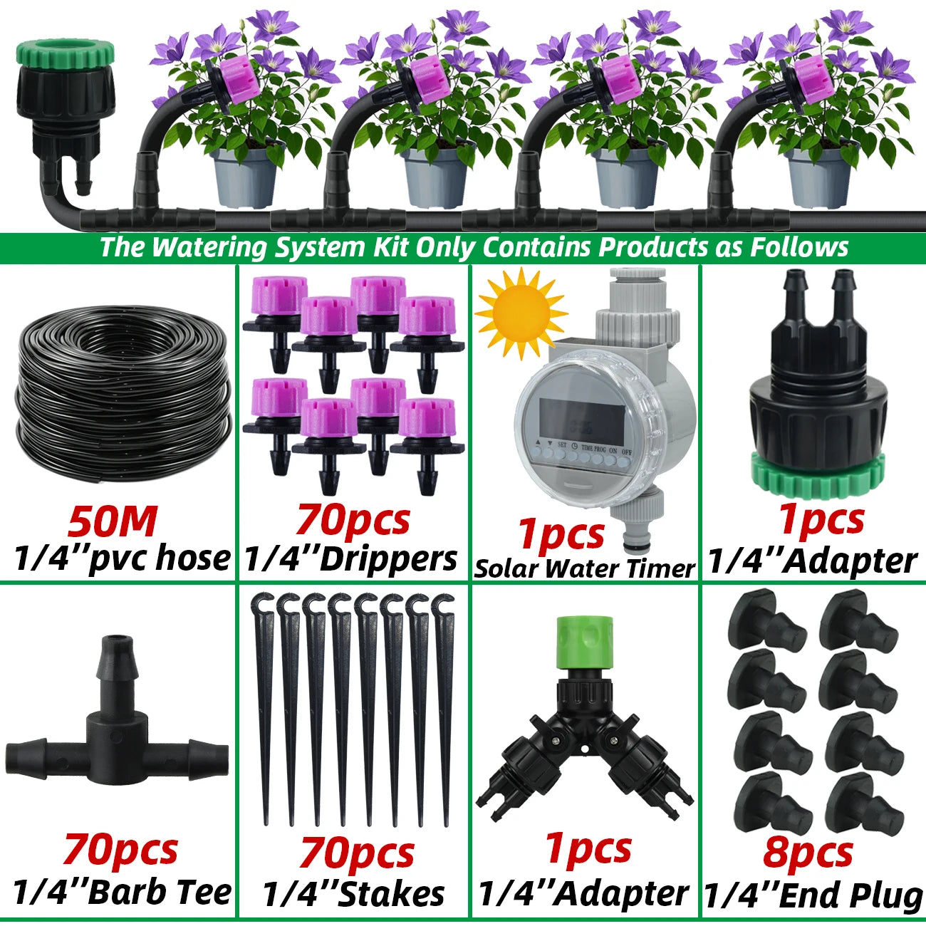 Garden 1/4'' Drip Irrigation Kit Automatic Watering System Nozzles for Farmland Bonsai Plant Flower Vegetable Greenhouse