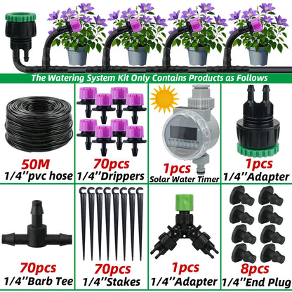 Garden 1/4'' Drip Irrigation Kit Automatic Watering System Nozzles for Farmland Bonsai Plant Flower Vegetable Greenhouse
