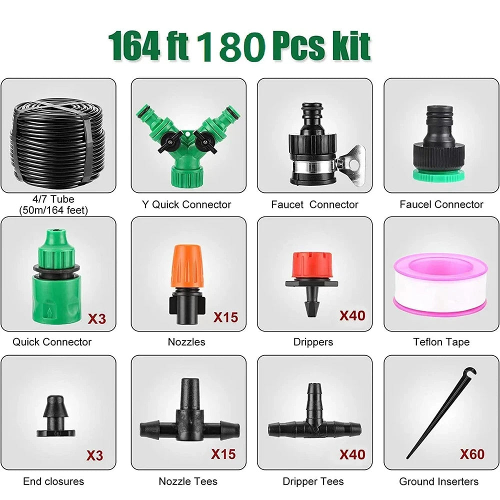 50M Micro Drip Irrigation System Automatic Plant Watering Kit with Adjustable Drippers & Hose - Outdoor Garden Misting Tools