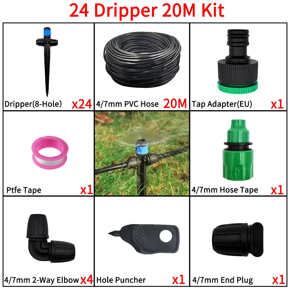 1/4" Drip Irrigation System Kit-Adjustable Flow, Sprayer with Lock Barbed Automatic Watering, for Garden, Farm, Bonsai, Flowers