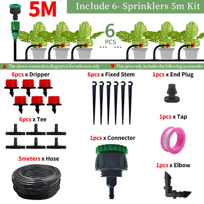 5-50M Garden Drip Irrigation Automatic Watering System Kit 1/4'' Nozzles for Bonsai Pot Plant Lawn Flower Vegetable Greenhouse