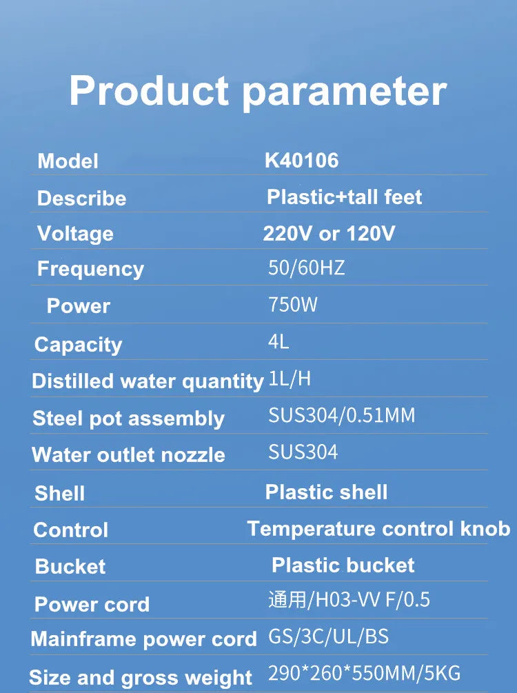 220V 4L Water Bottle Filter Distiller Purifier Portable Tabletop Machine Stainless Steel Adjustable Temperature for Labs Homes