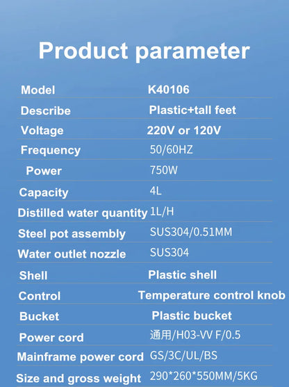 220V 4L Water Bottle Filter Distiller Purifier Portable Tabletop Machine Stainless Steel Adjustable Temperature for Labs Homes