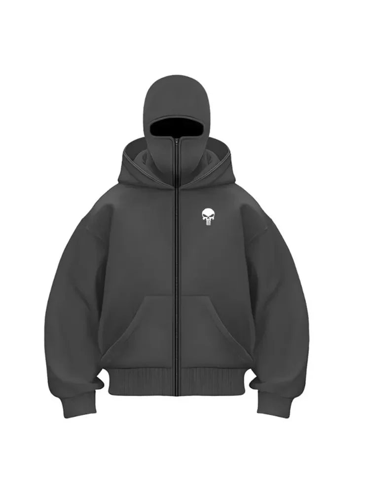 Double hooded zipper sweatshirt men's Balaclava hooded sweatshirt sports jacket suitable for outdoor activities