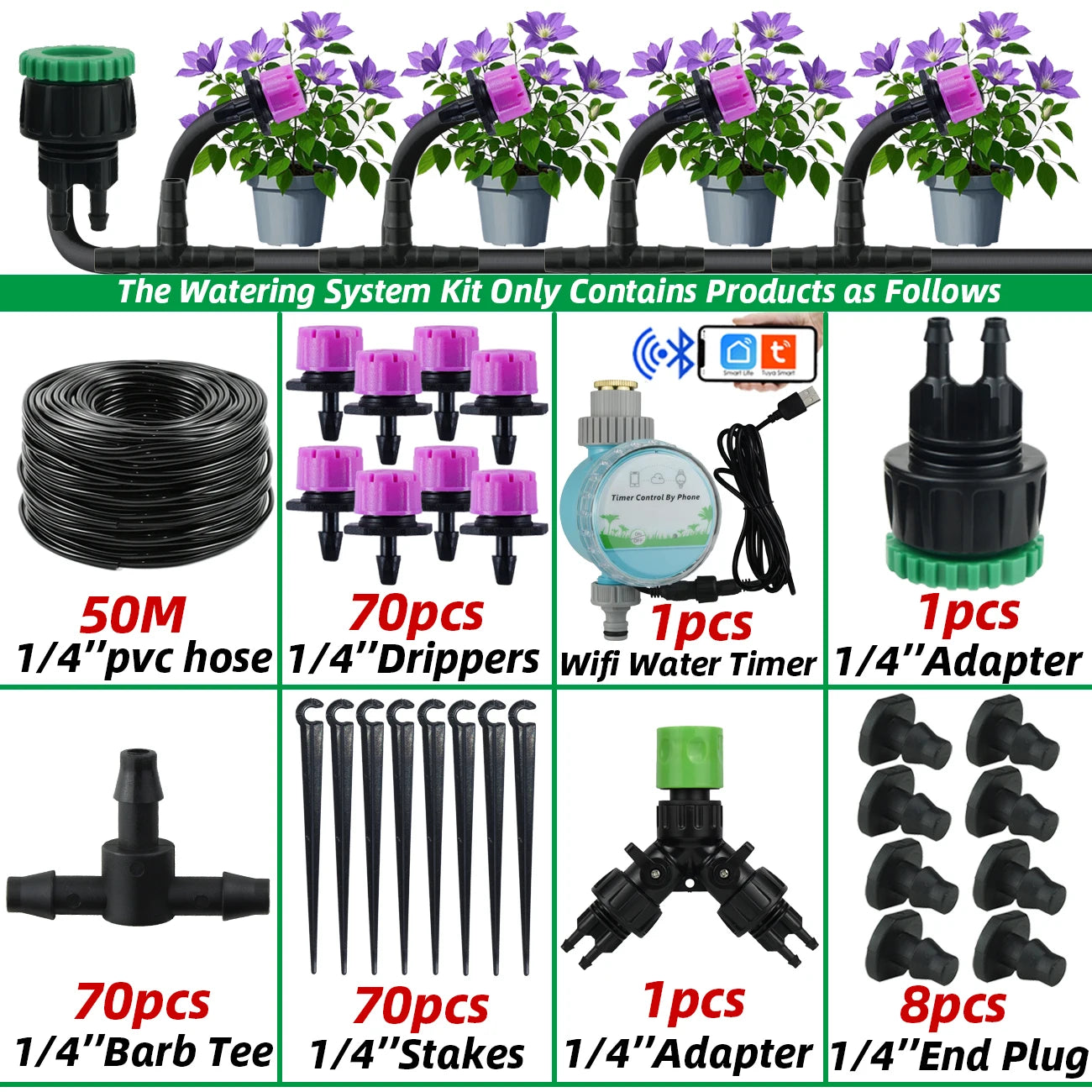 Garden 1/4'' Drip Irrigation Kit Automatic Watering System Nozzles for Farmland Bonsai Plant Flower Vegetable Greenhouse