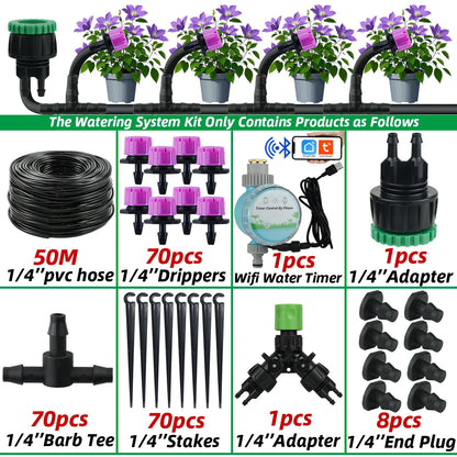 Garden 1/4'' Drip Irrigation Kit Automatic Watering System Nozzles for Farmland Bonsai Plant Flower Vegetable Greenhouse