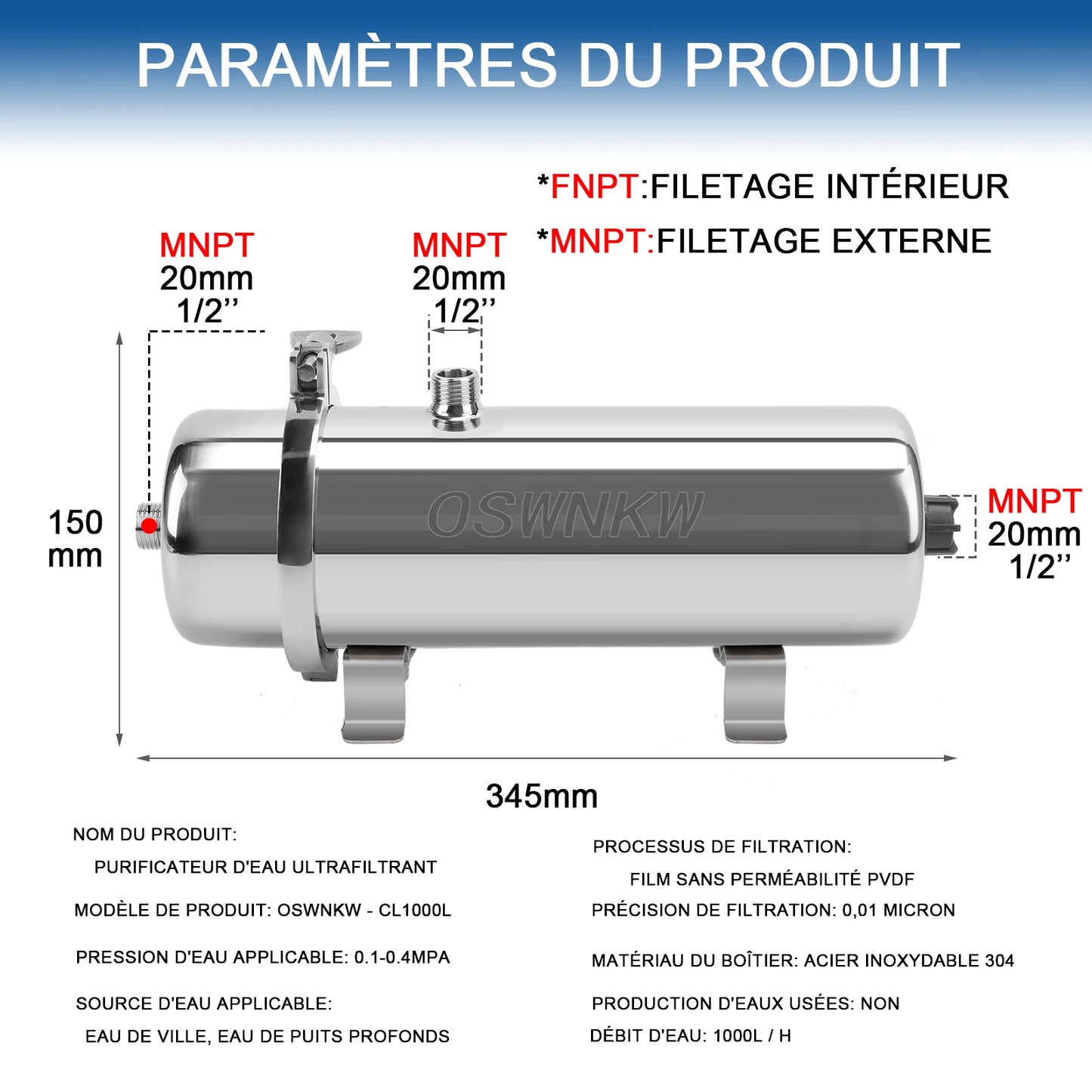 Whole house water purifier 0.01um PVDF pre-filter 1000L SUS304 water filter can be continuously cleaned for 5 years