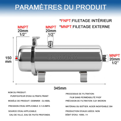 Whole house water purifier 0.01um PVDF pre-filter 1000L SUS304 water filter can be continuously cleaned for 5 years