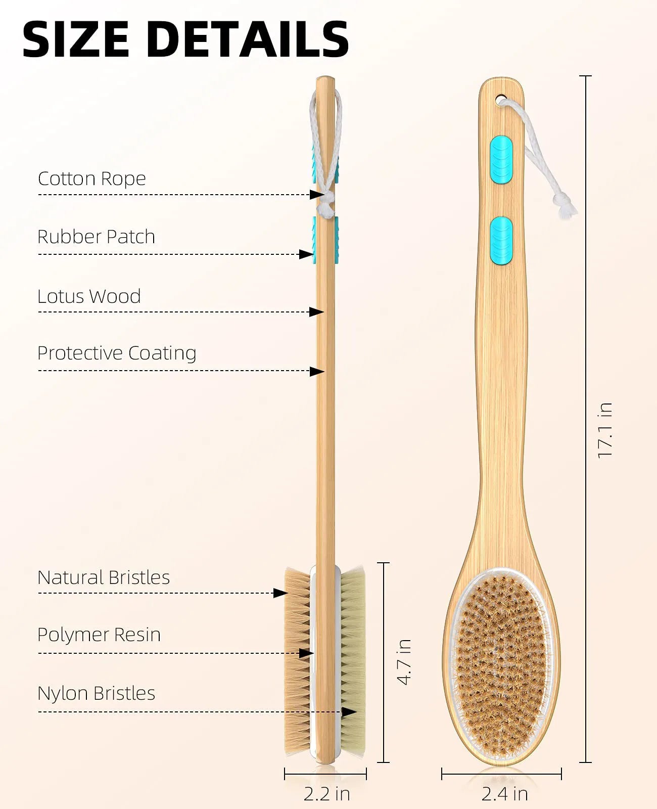 Bamboo Shower Brush with Soft and Stiff Bristles, Bath Dual-Sided Long Handle, Back Scrubber, Body Exfoliator, Wet or Dry Brush