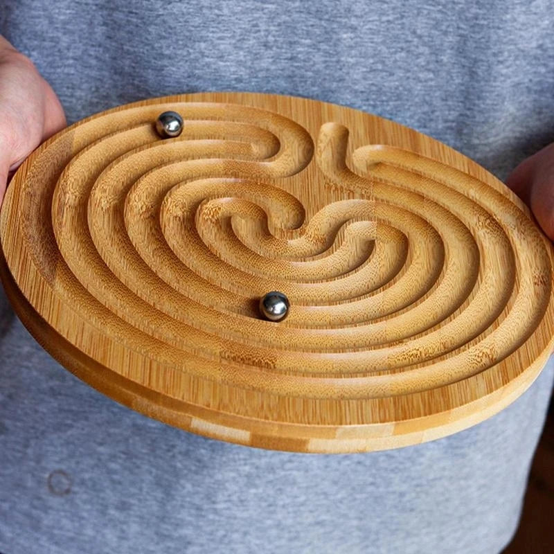 Bamboo Finger Labyrinth for Meditation and Prayer Wooden Labyrinth Maze Ball Puzzle Toys Hand Game Case Fun Brain Game Challenge