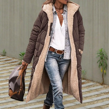 Women Long Hooded Down Jacket Stylish Women's Winter Coat With Hood Side Pockets Double-sided Design Slim Fit Mid For Outdoor