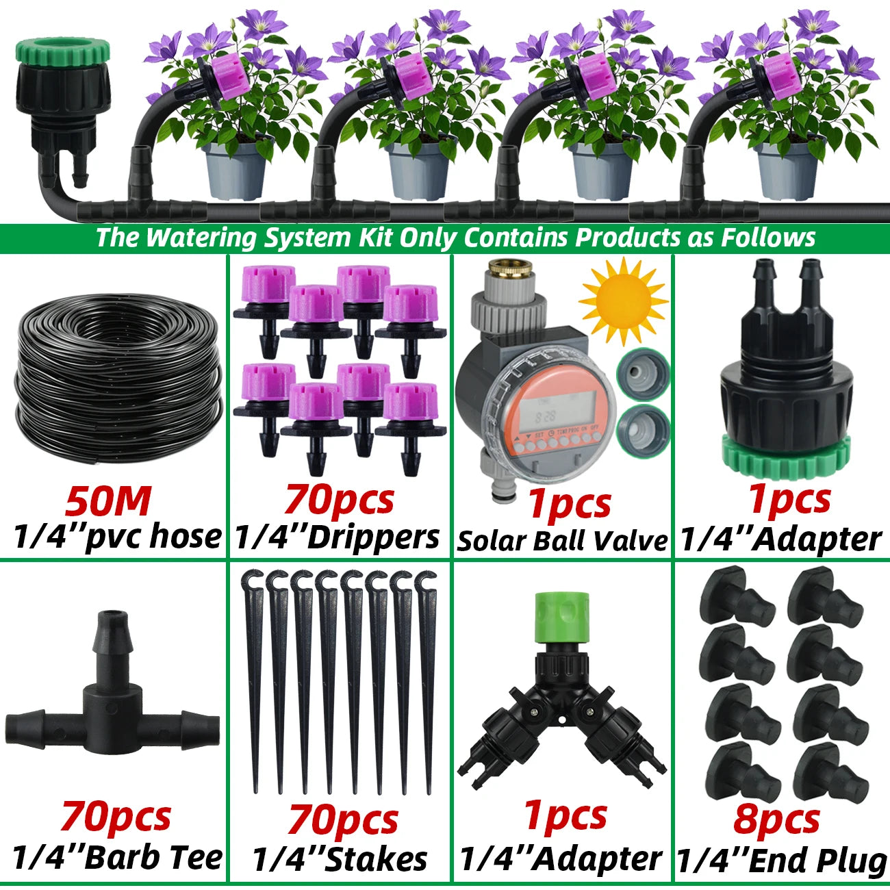 Garden 1/4'' Drip Irrigation Kit Automatic Watering System Nozzles for Farmland Bonsai Plant Flower Vegetable Greenhouse
