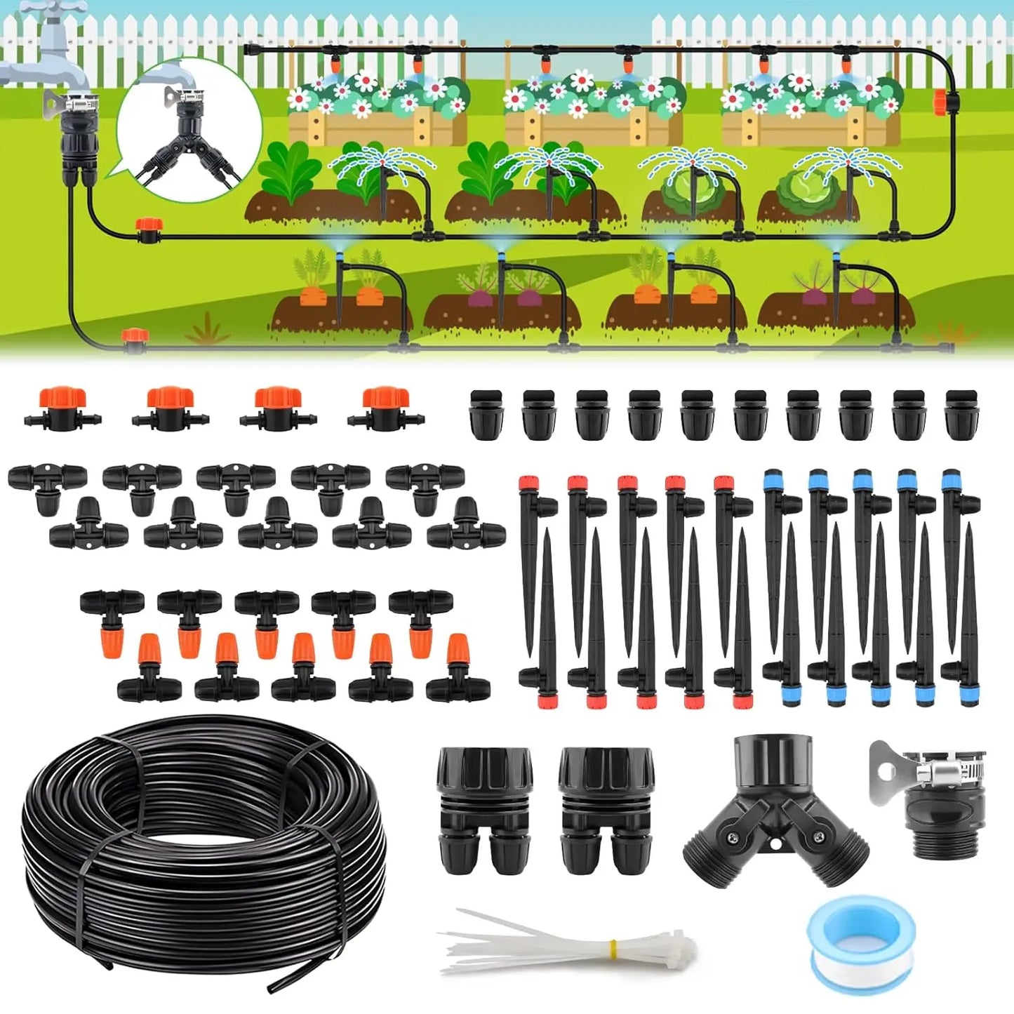 100FT/30.5M Drip Irrigation Kit Locked-Connect Automatic Micro Watering System with Tubing Hose and Misting Nozzle for Garden