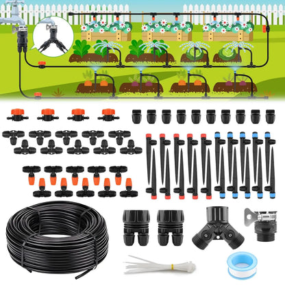 100FT/30.5M Drip Irrigation Kit Locked-Connect Automatic Micro Watering System with Tubing Hose and Misting Nozzle for Garden