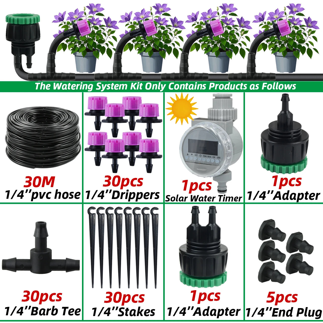 Garden 1/4'' Drip Irrigation Kit Automatic Watering System Nozzles for Farmland Bonsai Plant Flower Vegetable Greenhouse