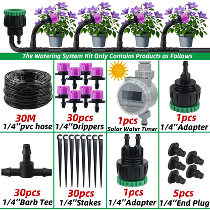 Garden 1/4'' Drip Irrigation Kit Automatic Watering System Nozzles for Farmland Bonsai Plant Flower Vegetable Greenhouse