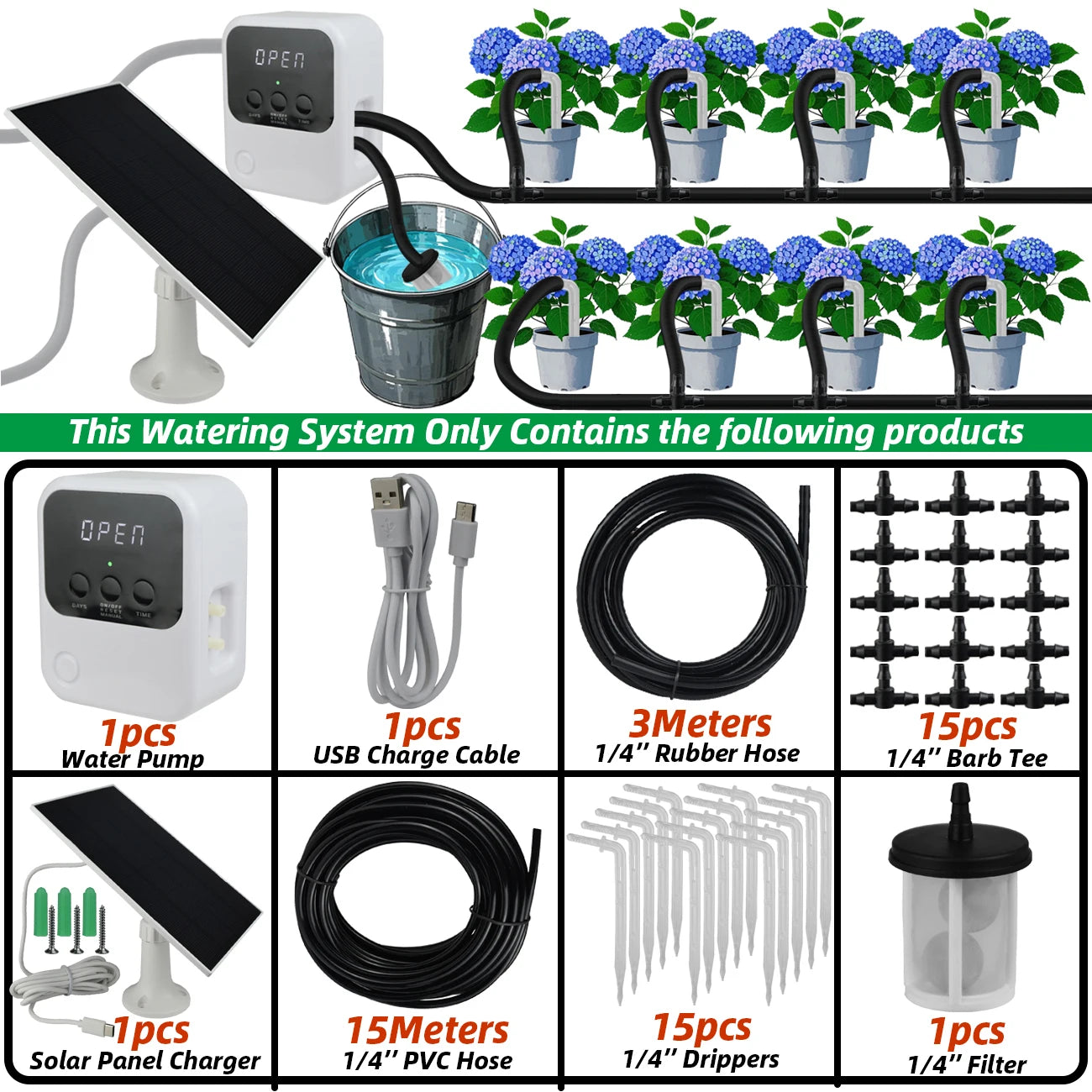 Solar Automatic Drip Irrigation System Kit for Garden Balcony Indoor DIY Gardening Water Plant Watering System w/ Anti-Siphon