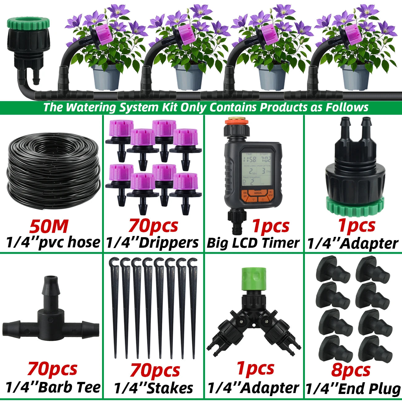 Garden 1/4'' Drip Irrigation Kit Automatic Watering System Nozzles for Farmland Bonsai Plant Flower Vegetable Greenhouse