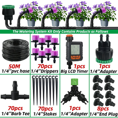 Garden 1/4'' Drip Irrigation Kit Automatic Watering System Nozzles for Farmland Bonsai Plant Flower Vegetable Greenhouse