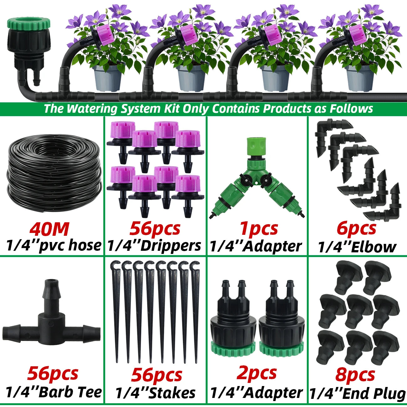 Garden 1/4'' Drip Irrigation Kit Automatic Watering System Nozzles for Farmland Bonsai Plant Flower Vegetable Greenhouse