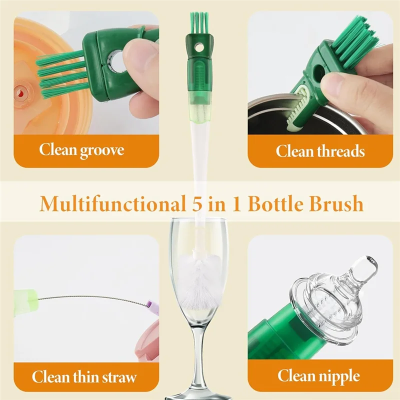 5 In 1 Water Bottle Brushes For Cleaning, Easily Cleans The Cup Mouth, Lid, Bottom, And Straw, Bottle Cleaning Toolsabkw