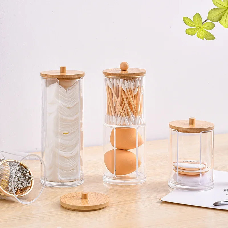 Acrylic Makeup Organizer Cotton Swabs Containerwith Bamboo Lid Cosmetic Transparent Box Cotton Pad Organizer Jewelry Storage Box