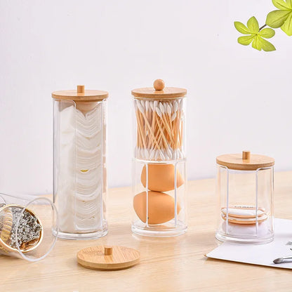 Acrylic Makeup Organizer Cotton Swabs Containerwith Bamboo Lid Cosmetic Transparent Box Cotton Pad Organizer Jewelry Storage Box