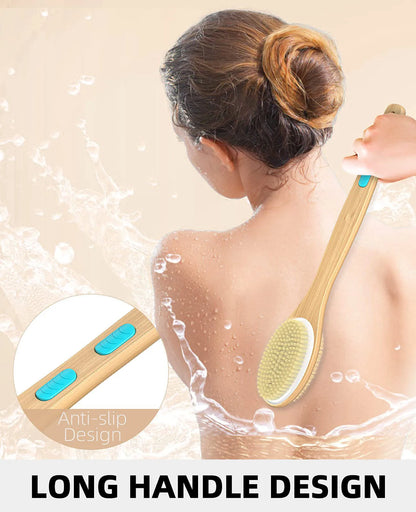Bamboo Shower Brush with Soft and Stiff Bristles, Bath Dual-Sided Long Handle, Back Scrubber, Body Exfoliator, Wet or Dry Brush