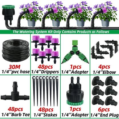 Garden 1/4'' Drip Irrigation Kit Automatic Watering System Nozzles for Farmland Bonsai Plant Flower Vegetable Greenhouse