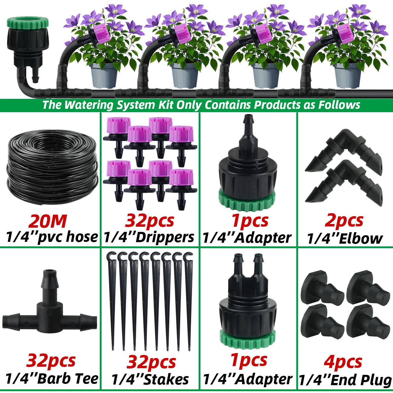 Garden 1/4'' Drip Irrigation Kit Automatic Watering System Nozzles for Farmland Bonsai Plant Flower Vegetable Greenhouse