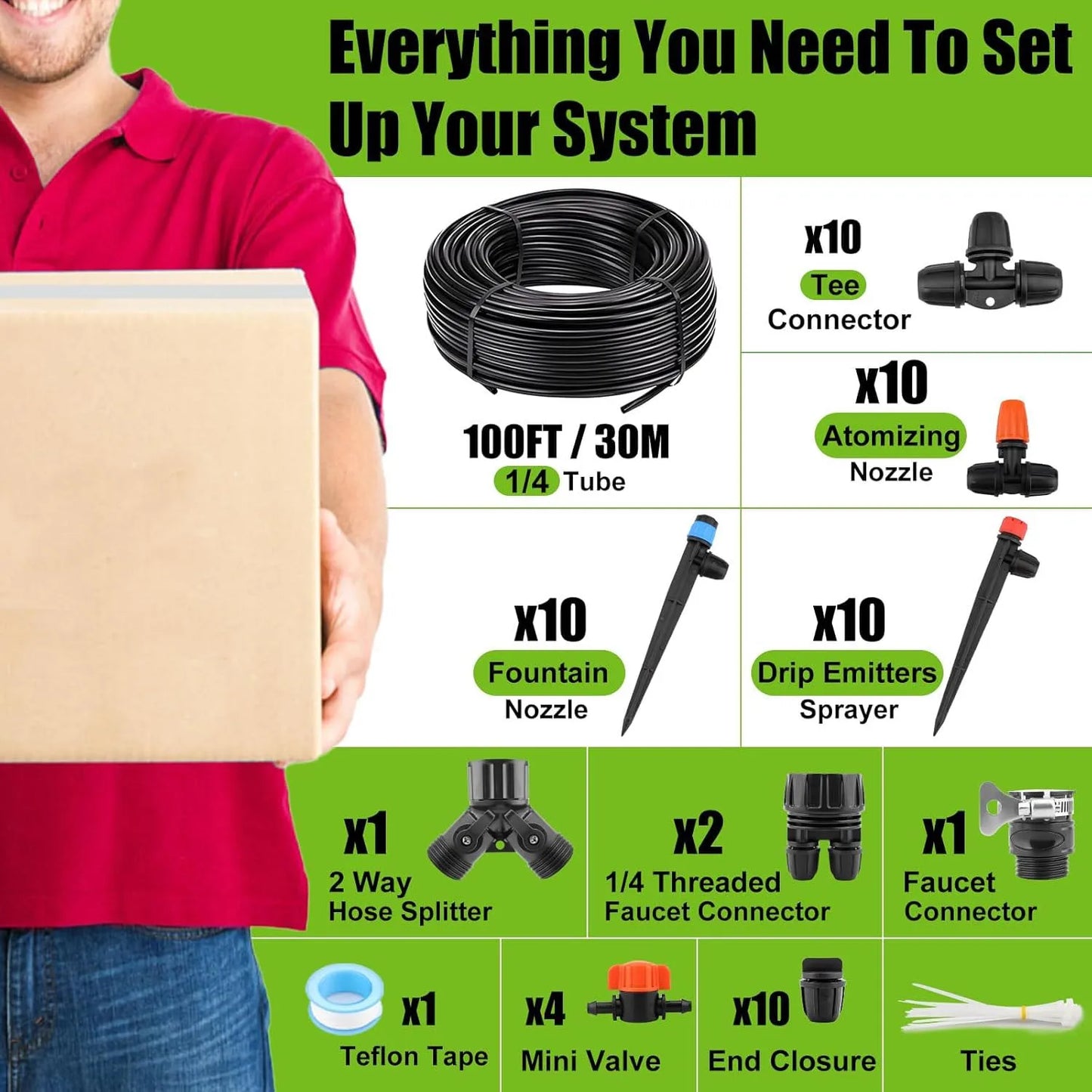 100FT/30.5M Drip Irrigation Kit Locked-Connect Automatic Micro Watering System with Tubing Hose and Misting Nozzle for Garden