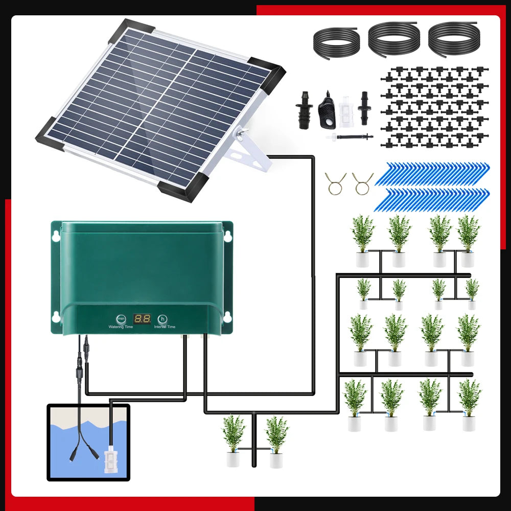 Solar Automatic Drip Irrigation Kit 30 Watering Modes 7 Timing Modes 32.8FT Automatic Watering Irrigation System for 50 Plants