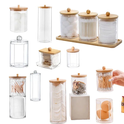 Acrylic Makeup Organizer Cotton Swabs Containerwith Bamboo Lid Cosmetic Transparent Box Cotton Pad Organizer Jewelry Storage Box