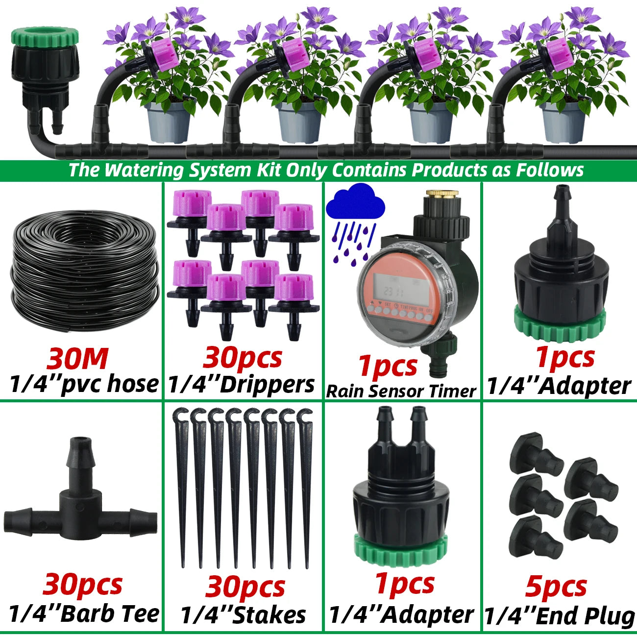 Garden 1/4'' Drip Irrigation Kit Automatic Watering System Nozzles for Farmland Bonsai Plant Flower Vegetable Greenhouse