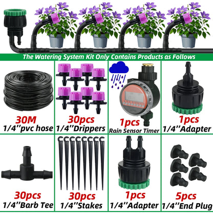 Garden 1/4'' Drip Irrigation Kit Automatic Watering System Nozzles for Farmland Bonsai Plant Flower Vegetable Greenhouse