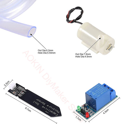 Automatic Irrigation DIY Kit Capacitive Soil Moisture Sensor 1Channel Relay Module Water Pump Vinyl Tubing for Garden Watering