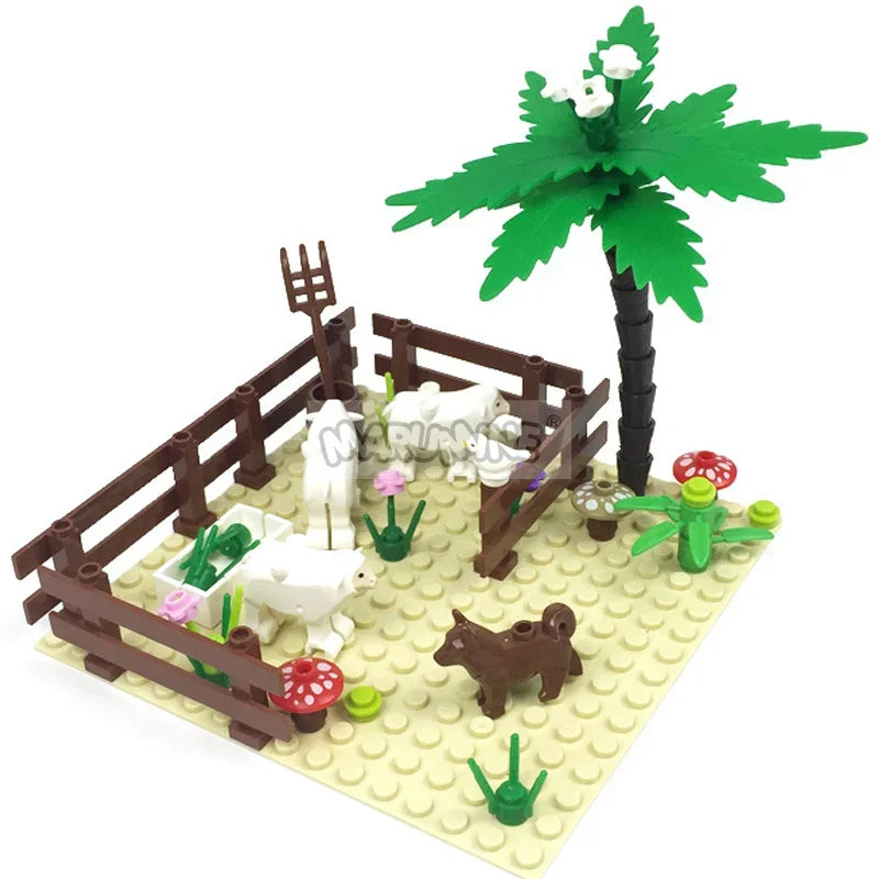 Marumine MOC Bricks Farm Animals Building Blocks Model Kit with Panda Chicken Cow Rabbit Trees Plant Construction Set Kids Toys