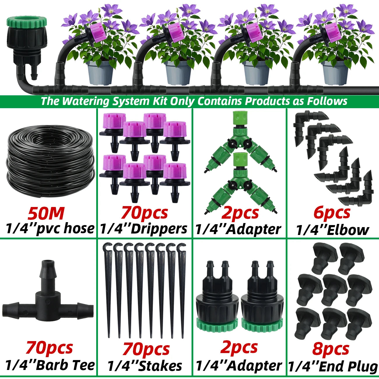 Garden 1/4'' Drip Irrigation Kit Automatic Watering System Nozzles for Farmland Bonsai Plant Flower Vegetable Greenhouse