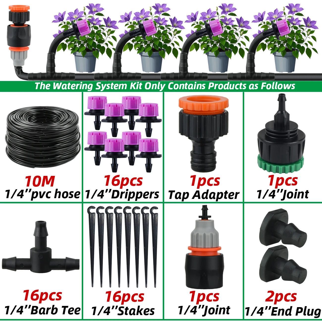 Garden 1/4'' Drip Irrigation Kit Automatic Watering System Nozzles for Farmland Bonsai Plant Flower Vegetable Greenhouse