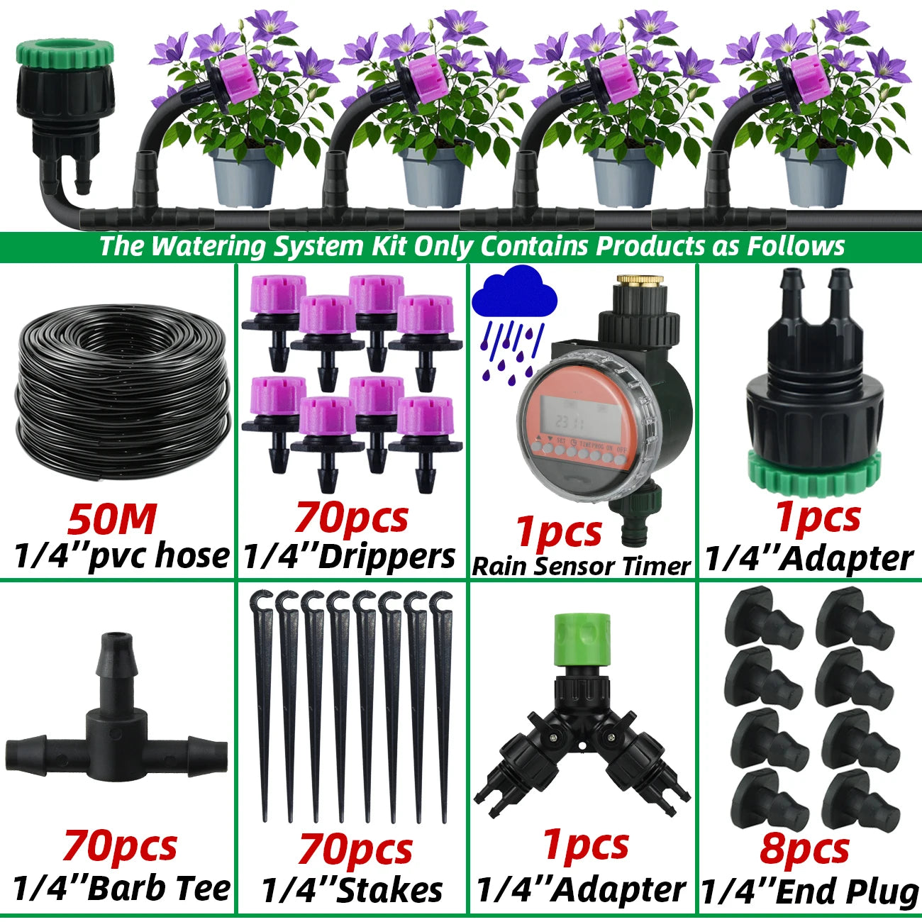 Garden 1/4'' Drip Irrigation Kit Automatic Watering System Nozzles for Farmland Bonsai Plant Flower Vegetable Greenhouse