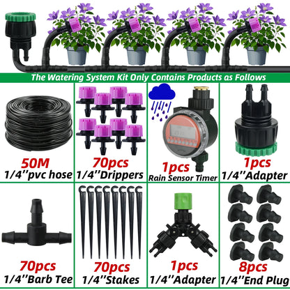 Garden 1/4'' Drip Irrigation Kit Automatic Watering System Nozzles for Farmland Bonsai Plant Flower Vegetable Greenhouse