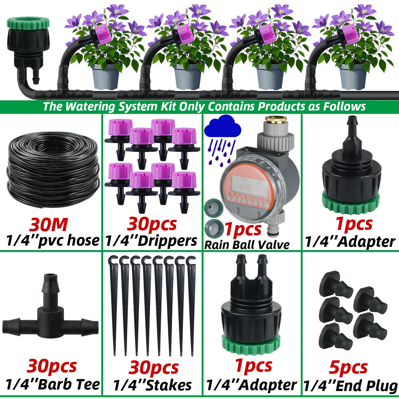 Garden 1/4'' Drip Irrigation Kit Automatic Watering System Nozzles for Farmland Bonsai Plant Flower Vegetable Greenhouse