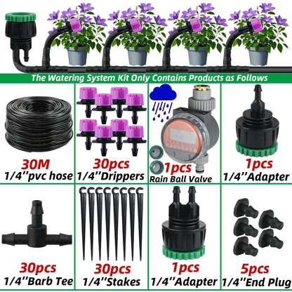 Garden 1/4'' Drip Irrigation Kit Automatic Watering System Nozzles for Farmland Bonsai Plant Flower Vegetable Greenhouse