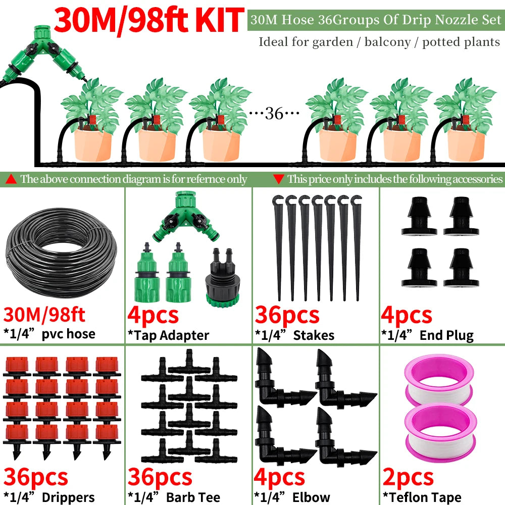 10-30M Garden 1/4'' Drip Irrigation Kit Automatic Watering System Nozzles for Farmland Bonsai Plant Flower Vegetable Greenhouse