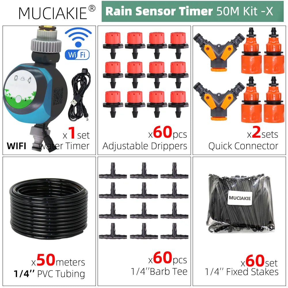 MUCIAKIE 50M-5M DIY Drip Irrigation System Automatic Watering Garden Hose Micro Drip Watering Kits with Adjustable Drippers